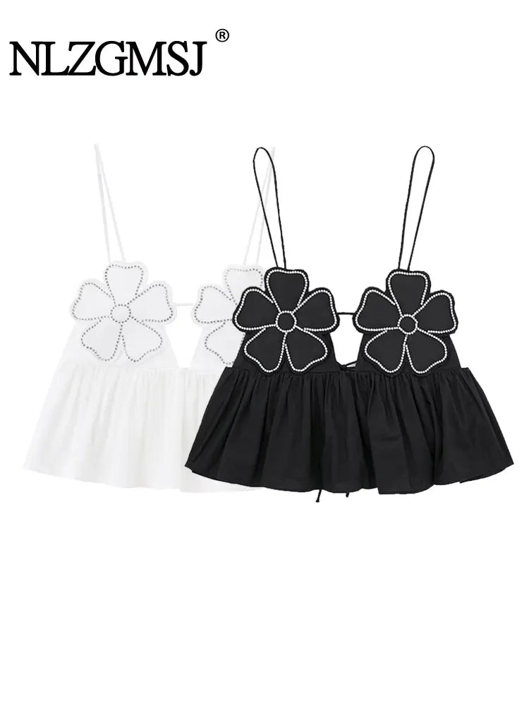 2025 Women Fashion  Rhinestone Floral Poplin Tank Tops Sexy Backless Tied Thin Straps Female Female Camis Top Mujer
