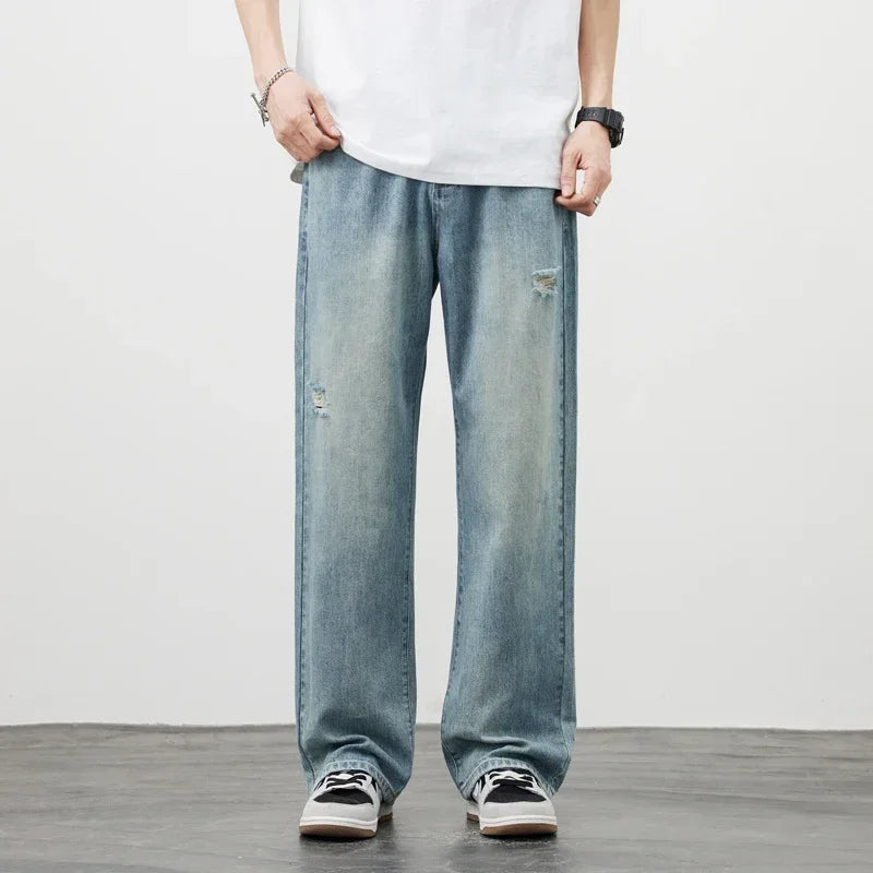 Korea Baggy Cargo Jeans Men Vintage Straight Ripped Y2k Pants Fashion Frayed High Street Distressed Denim Trousers Male Clothes