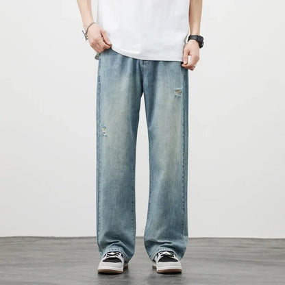 Korea Baggy Cargo Jeans Men Vintage Straight Ripped Y2k Pants Fashion Frayed High Street Distressed Denim Trousers Male Clothes