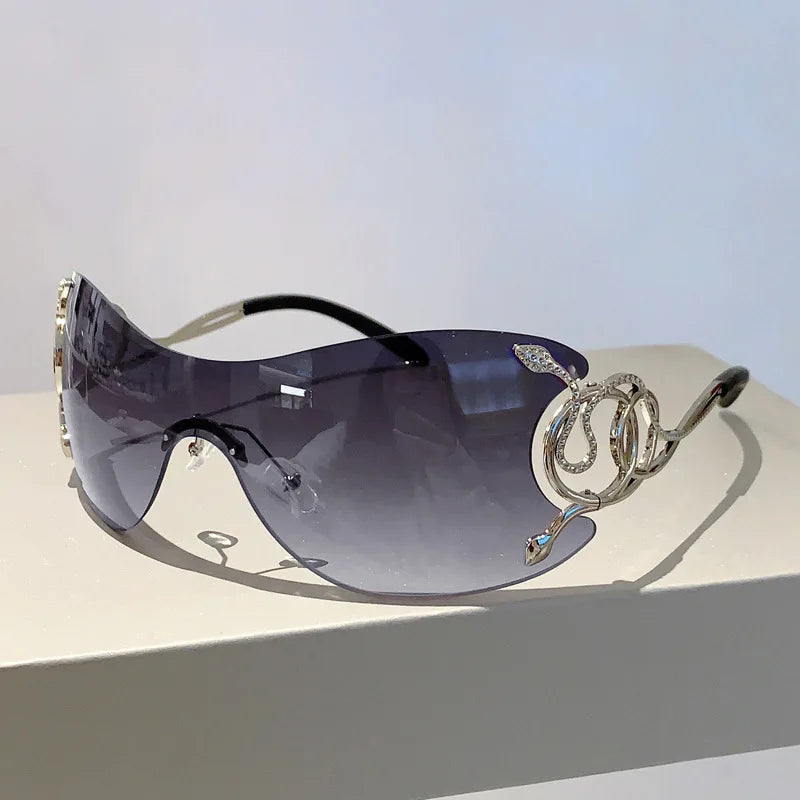 Y2K Rimless Luxury Brand Designer Sunglasses Women For Men One Piece Trendy Oversized Sun Glasses Metal Snake Pink Punk Shades