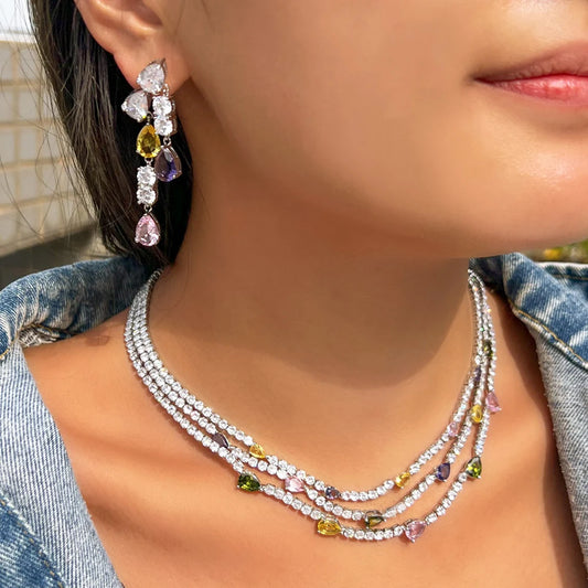 Shiny Colorful Cubic Zirconia 3 Rows Multi Layer Bridal Wedding Choker Necklace Earrings Jewelry Set for Women TZ784