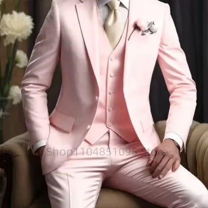 Wedding Light Pink Men's Suit 3 Pieces Formal Business Notch Lapel Blazer Tuxedos Slim Fit Groomsmen Suit Set(Jacket+Vest+Pant)