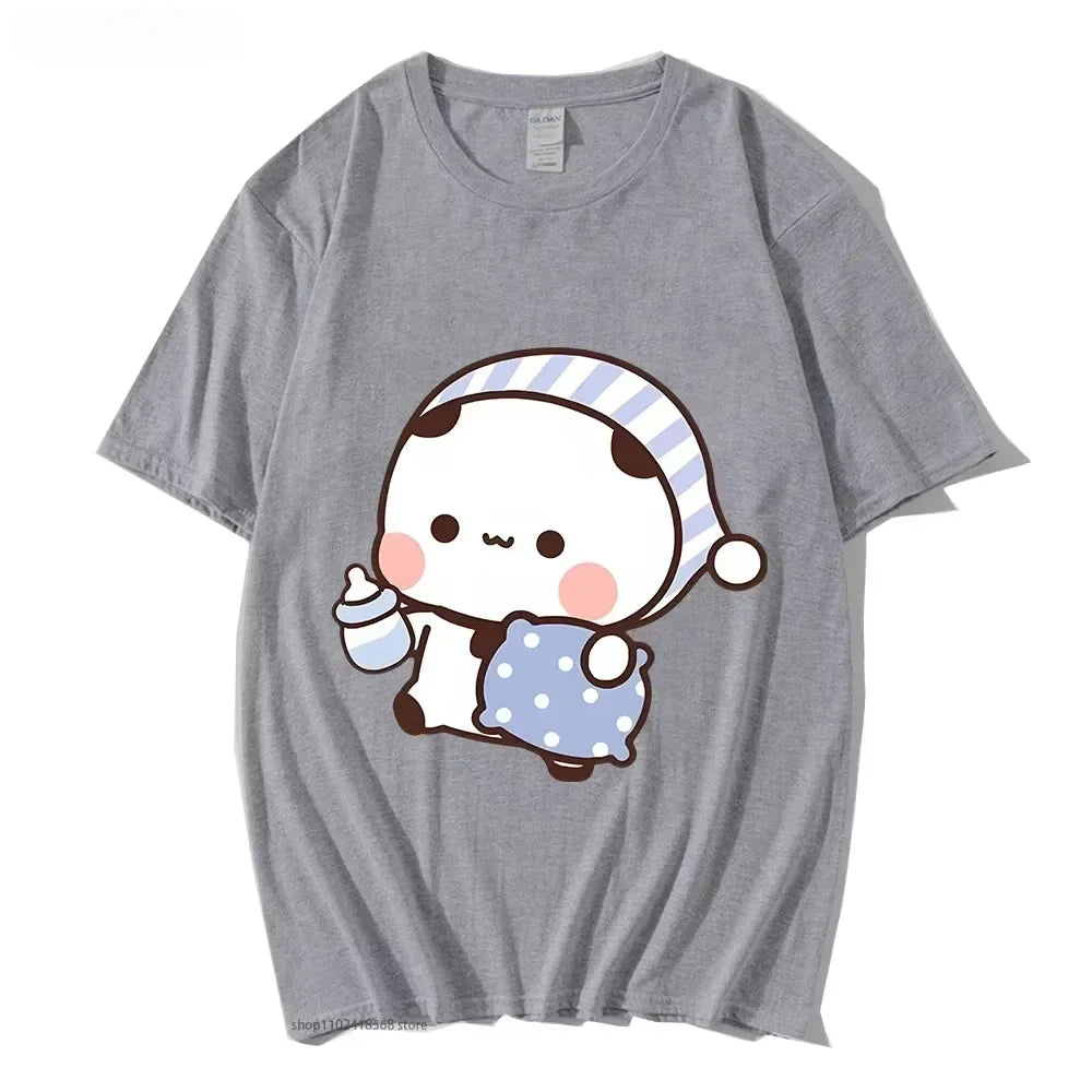 Couple Tshirt Cute BuBu Panda Going To Sleep with DuDu Bear Graphic Tshirt Women Clothes Sleeve Tops Women's Clothing