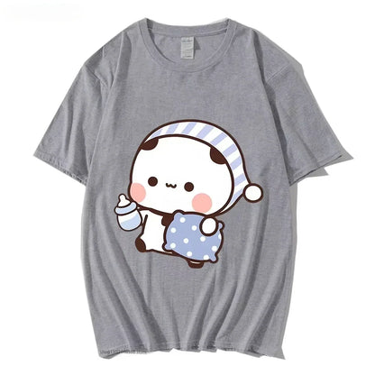Couple Tshirt Cute BuBu Panda Going To Sleep with DuDu Bear Graphic Tshirt Women Clothes Sleeve Tops Women's Clothing