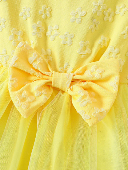 Girls' Summer Woven Flutter Sleeve Three-Dimensional Flower Three-Dimensional Butterfly Mesh Waist Bow Back Collar Open Button Casual Mesh Dress Wedding Party Light Dress Beach Holiday Party Princess Dress Gift