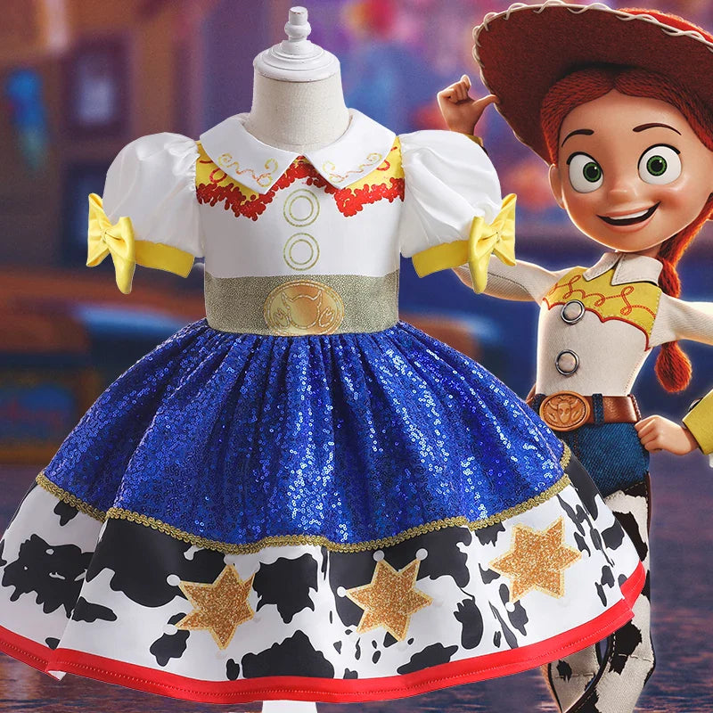 Vestido de menina Jessie, meninas Buzz Lightyear, vestido de desenho animado de vaca, roupas de Halloween, festa Toy Story, vestidos de cosplay, fantasia infantil