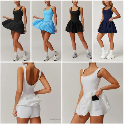 Workout Tennis Dress with Built in Shorts Square Neck Padded Workout Dress with Pockets Golf Athletic Mini Dresses