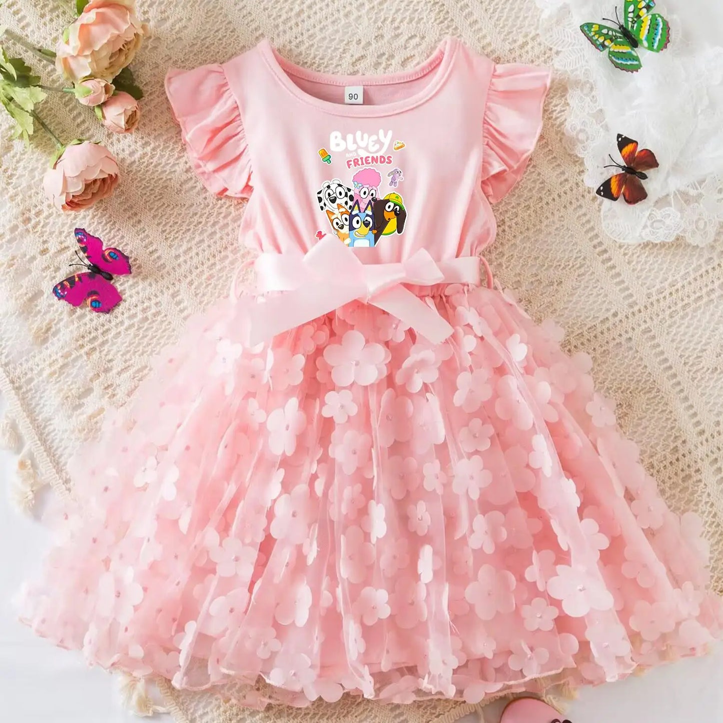Vestido de Bebê Menina Bluey de Tule com Flores Vestido de Princesa para Casamento Tutu Sem Mangas Roupa de Festa para Fotos Presente de Aniversário