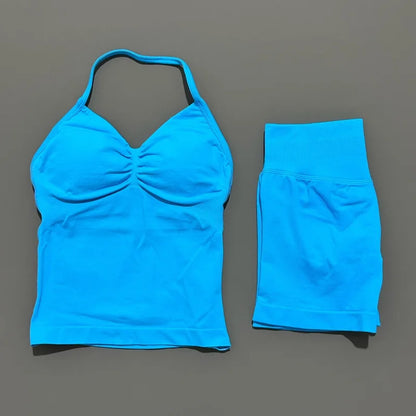 No Logo 2 Pies Sports Set Women Backless Tank Yoga Tops High Waist Scrunch Seamless Shorts Sport Gym Set Sportswear Workout Set