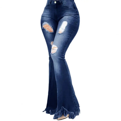 Women Flared Pants High Waist Pockets Ripped Holes Bell Bottom Trousers
