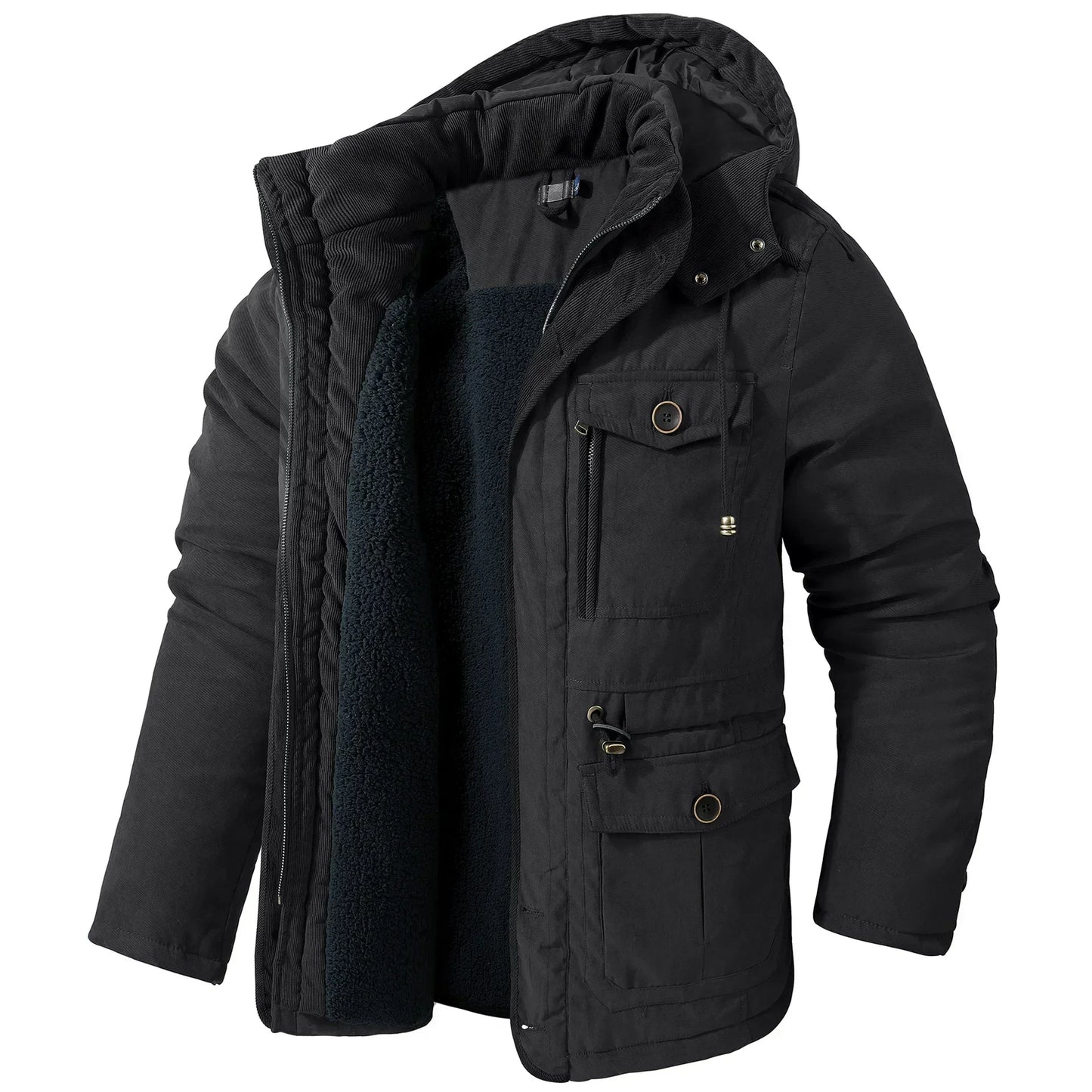 Men's Jacket WINTER USA SIZE Large SIZE Lamb Fleece JACKETS Hooded Cotton Thickened Multi Pocket Casual Mid length Coat