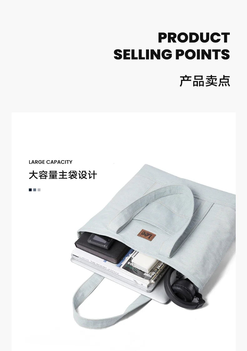 Unisex Utility Canvas Leather Zipper Tote Bag Casual Denim Daily Shopping Handbag Women Man Durable Student School Book Bag