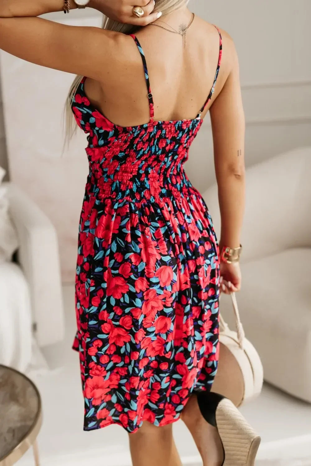New Fashion Women's  Summer Wrap Pleated Dresses Ladies Floral Print Sexy Spaghetti Strap Sling DressBeach Dress A Line Sundress