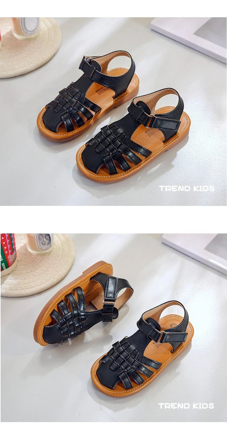 Toddler Sandals for Boys Cut outs Leather Shoes 2026 Summer Brand New Gladiator Sandals Weave Baby Boy Beach Shoes Flats H05096