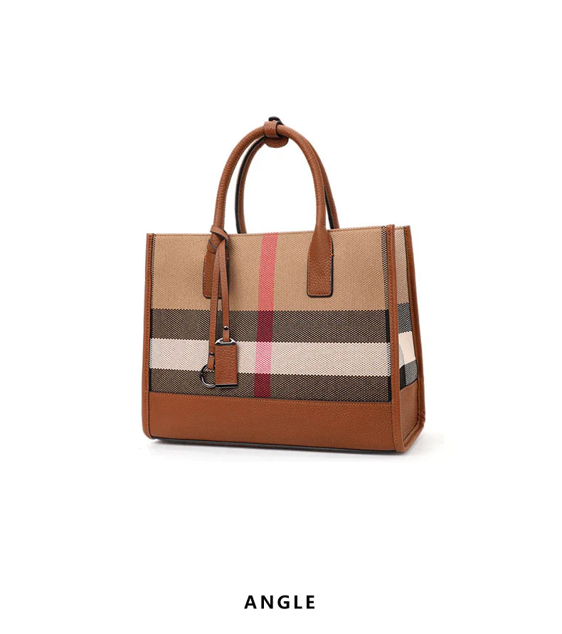 Fashion Plaid Canvas Women's Handbag Classic Versatile Large Capacity Cowhide Single Shoulder Crossbody Bag