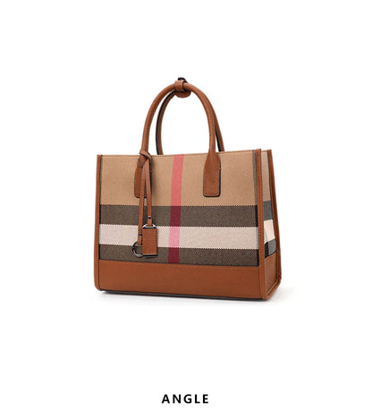 Fashion Plaid Canvas Women's Handbag Classic Versatile Large Capacity Cowhide Single Shoulder Crossbody Bag