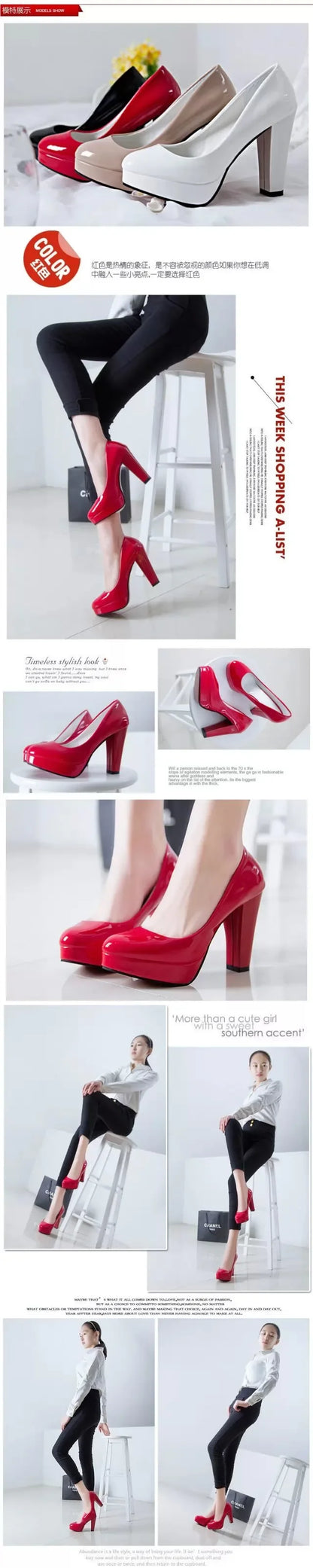 High Heels Shoes Women White Wedding Shoes Thick High Heels Fashion Party Pumps Footwear Black Red Big Size Spring