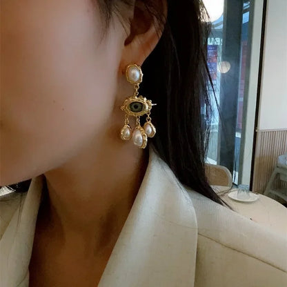French Style Exaggerated Big Eyes Long Earrings Fashion Pearl Water Droplets Earring