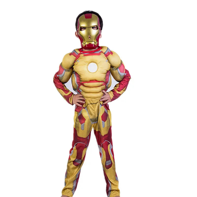 Kids Yellow Iron Man Costume Superhero Muscle Suit with Mask Role Play Costume for Halloween Christmas Party Performance