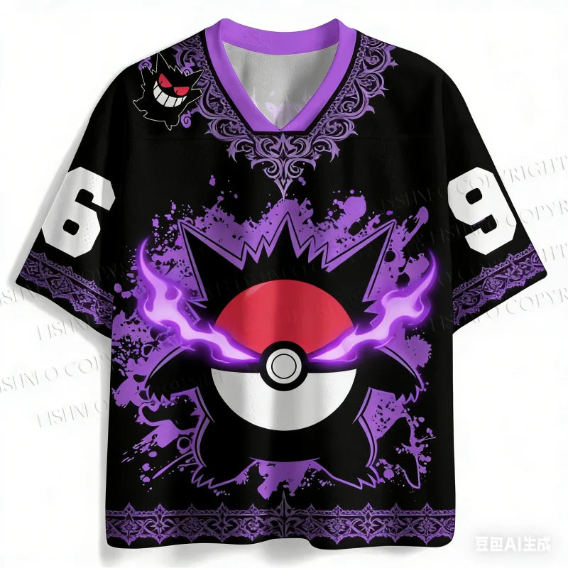 Y2K Adult Gengar 3D Print V-Neck Purple-Black Ghost Retro Anime Raglan Sleeve T-Shirt