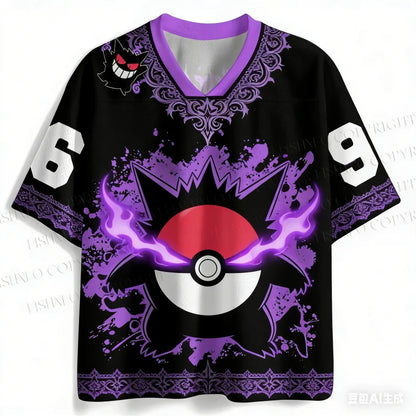 Y2K Adult Gengar 3D Print V-Neck Purple-Black Ghost Retro Anime Raglan Sleeve T-Shirt