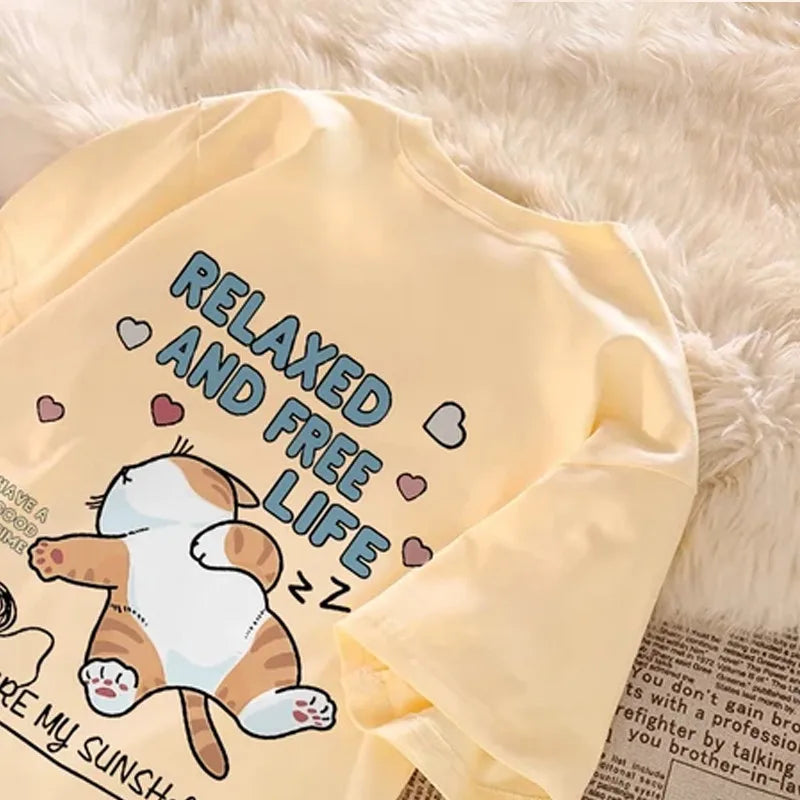 Cute Cartoon Lazy Cat Letter Print Summer Couple Short Sleeved T-shirt Loose Casual Women's Top