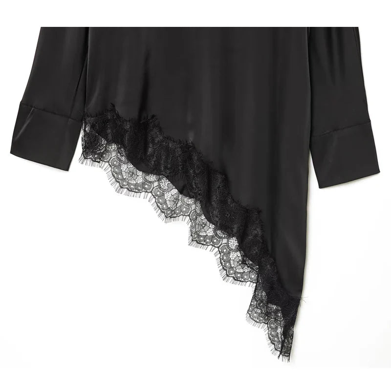 Women's Lace Blouse Asymmetric Long Black Blouse Woman Spring Elegant Plus Size Top Sweatshirt Long Sleeve Blouse Women