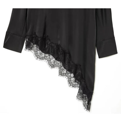 Women's Lace Blouse Asymmetric Long Black Blouse Woman Spring Elegant Plus Size Top Sweatshirt Long Sleeve Blouse Women