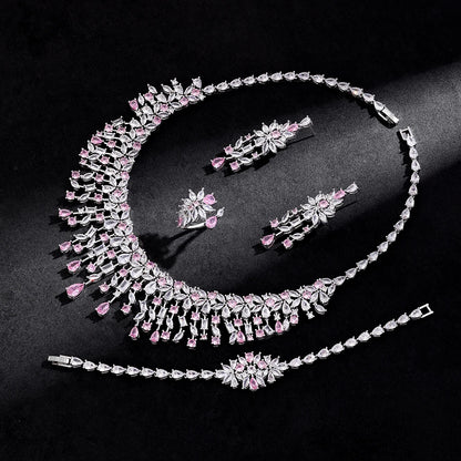 2024 New 4-piece Bride Zirconia Women's Party Jewelry Set, Deluxe Dubai Nigeria CZ Crystal Wedding Necklace Set