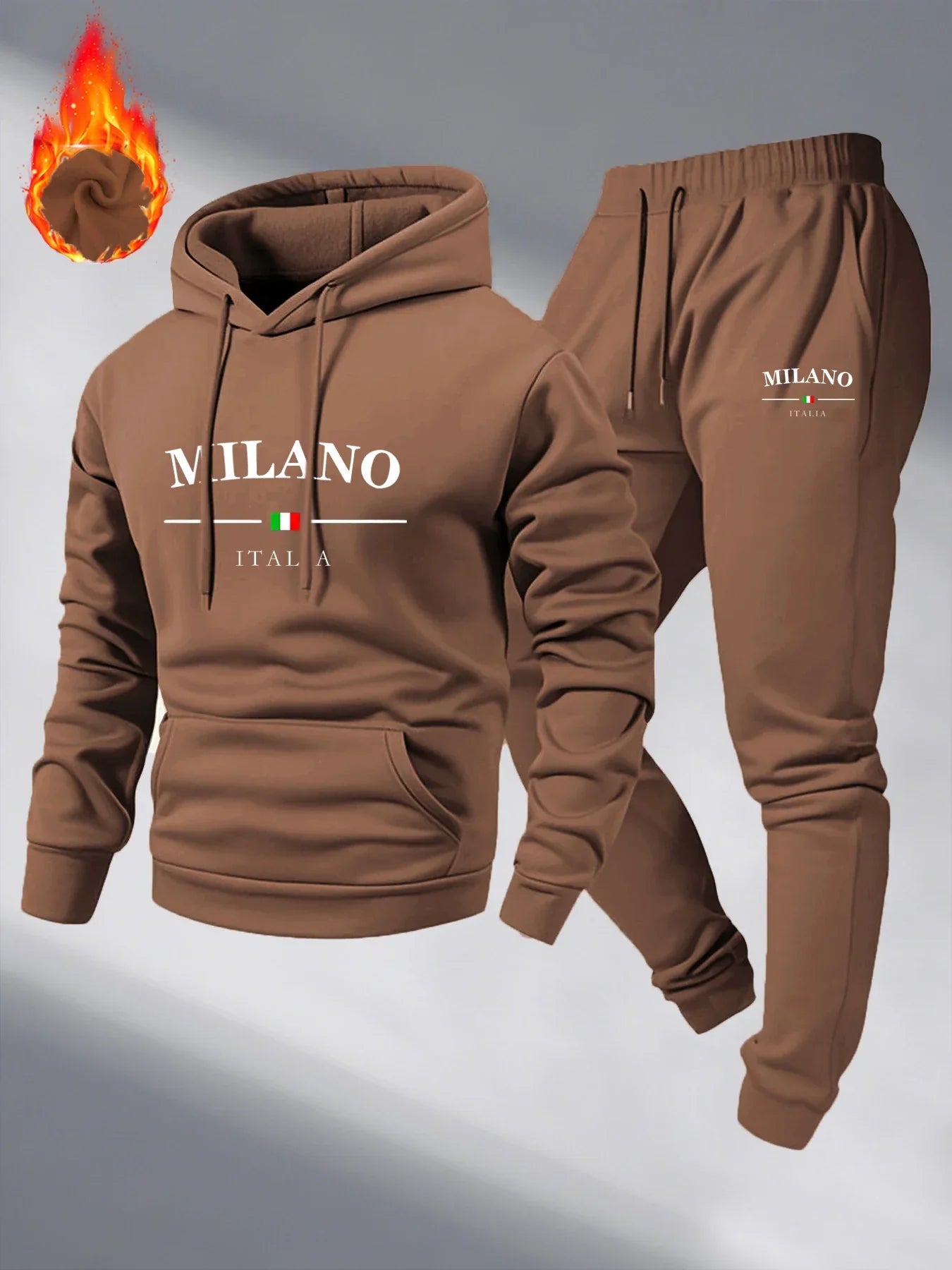 Men's Fleece Warm Hoodies Sets MILANO Printing Tracksuit Hooded Sweatshirt + Drawstring Pants Sportswear Two-piece suit