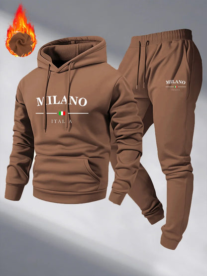 Men's Fleece Warm Hoodies Sets MILANO Printing Tracksuit Hooded Sweatshirt + Drawstring Pants Sportswear Two-piece suit
