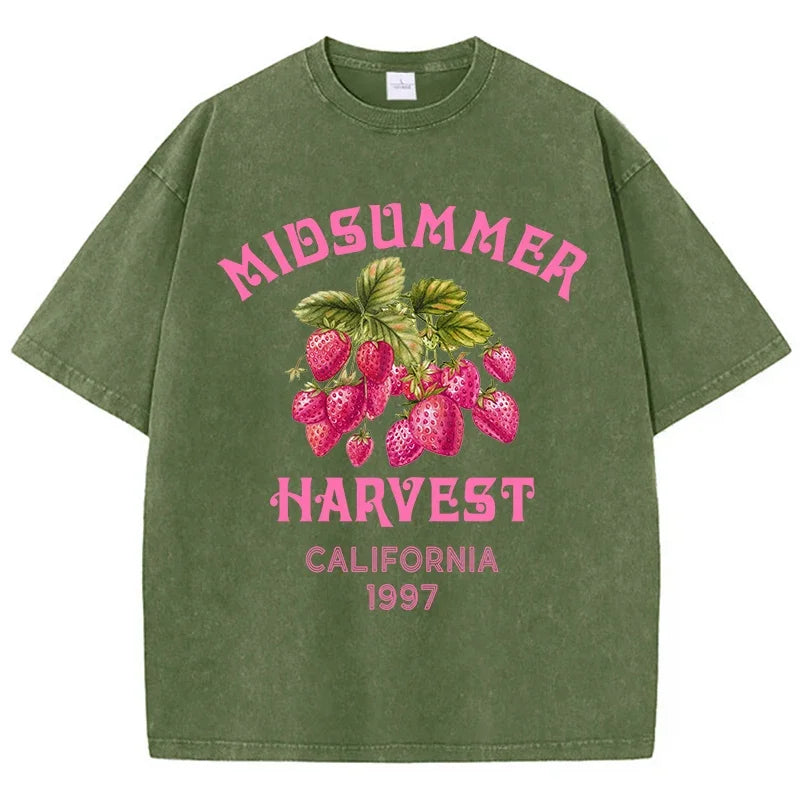 Men's Cotton T-shirt California Strawberry Printed Washed T-shirt Comfortable Round Neck Top Men's Summer Clothing