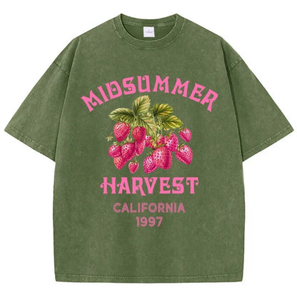 Men's Cotton T-shirt California Strawberry Printed Washed T-shirt Comfortable Round Neck Top Men's Summer Clothing