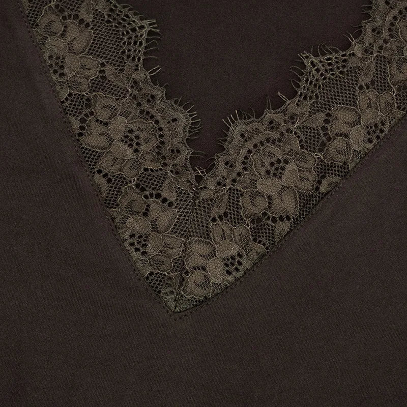 V neck Lace T shirt Top Women Sexy Navel Exposed Pullover Fashion Splice Hot Girl Club Party Top Autumn New Lady T shirt