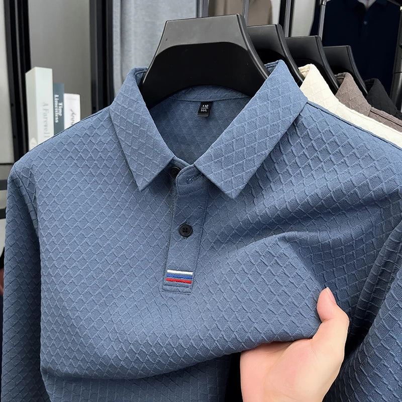 High quality fashion long sleeve polo shirt men's autumn new brand striped jacquard design Korean casual luxury lapel T-shirt