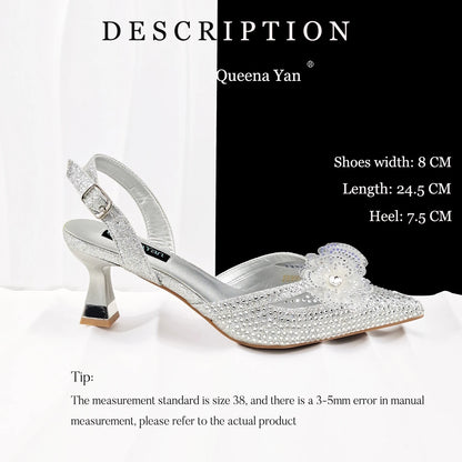 Elegant Silver Pointed-Toe High Heels Shoes with Diamond Accents & Matching Bag - Ideal for Party Elegance