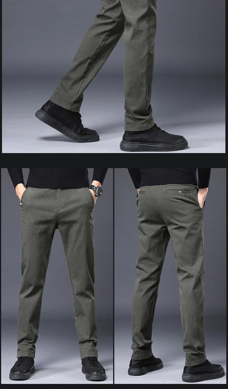 Men's Slim Suit Casual Pants Thick Fashion Embroidered Pocket Trousers Business Baggy Office Comfortable Elastic Pants Male