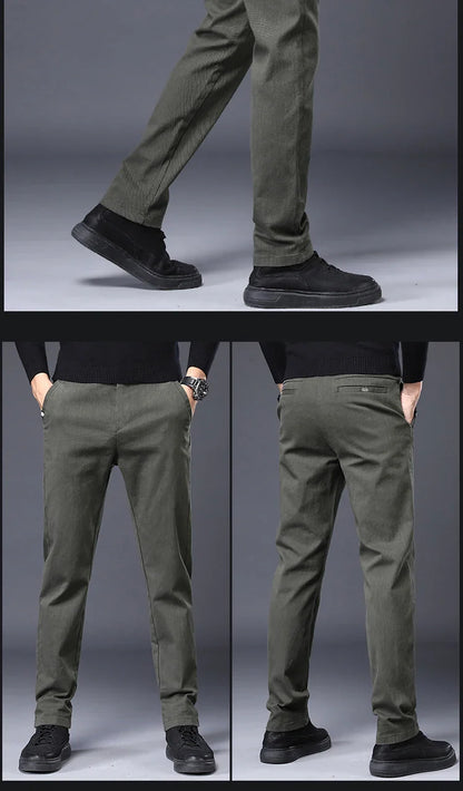 Men's Slim Suit Casual Pants Thick Fashion Embroidered Pocket Trousers Business Baggy Office Comfortable Elastic Pants Male