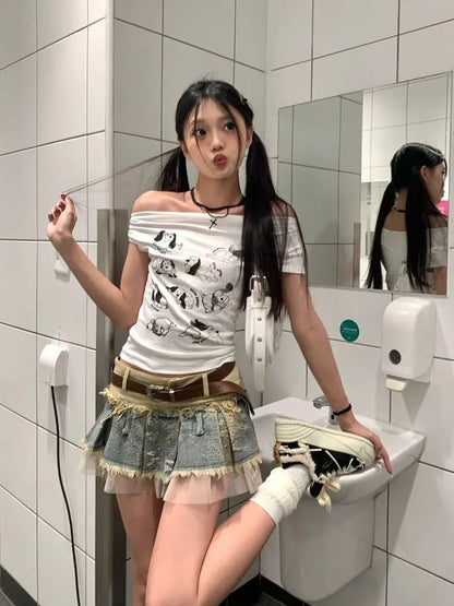 Summer Women Japanese Y2k Kpop 2000s Aesthetic Mini Denim Patchwork Skirt Chic Shoujo Design Party Gyaru Coquette Korean Fashion