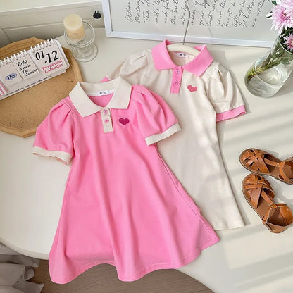 Girls Cotton Lapel Collar Dress Cute Solid Color  Pink  A-line Dress Kids Casual Skin-friendly Daily  Dress