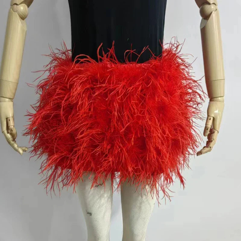 True ostrich feather Multicolor Mini Skirt Elastic Waist  Sexy Clothing Club Party Dance Rave Short Skirt Note select 3 colors
