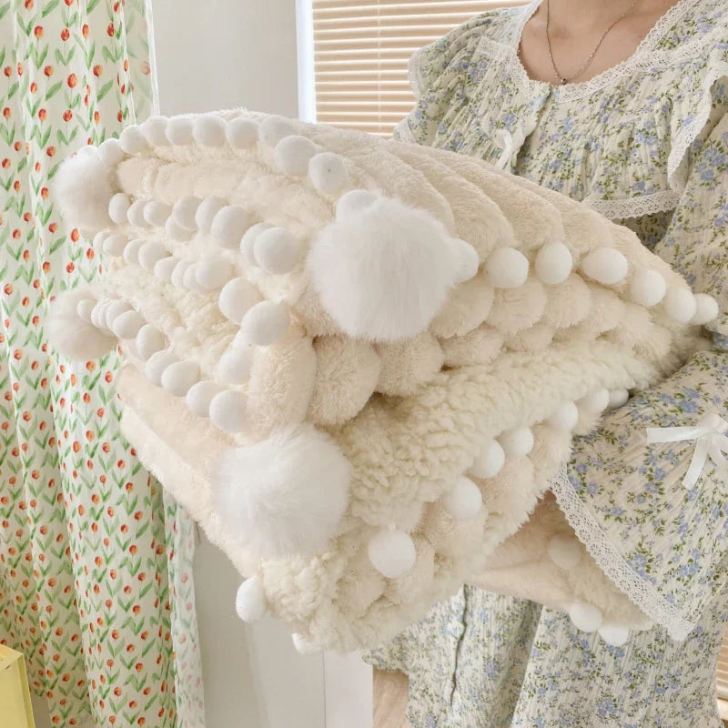 Solid Color Striped Fluffy Blanket Milk Velvet Soft Blanket with Cute Pompoms 3D Stereo Craft Travel Warm Bedding All Season