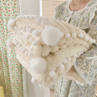 Solid Color Striped Fluffy Blanket Milk Velvet Soft Blanket with Cute Pompoms 3D Stereo Craft Travel Warm Bedding All Season