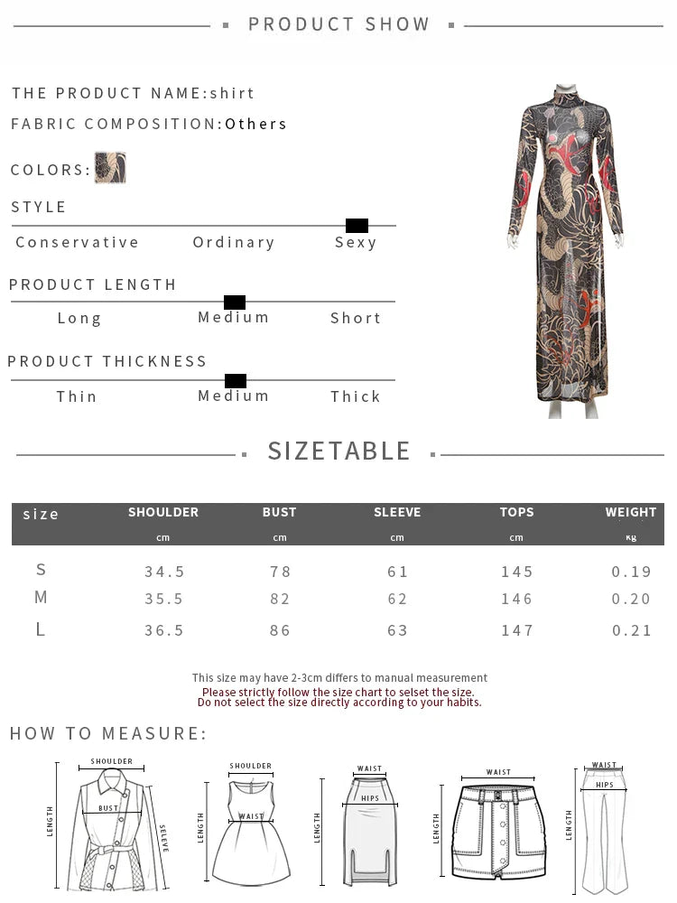 See Through Blouse Women Snake Print Half-High Neck Long Sleeves High Slits High Elasticity Street Skinny Trend Long Tops