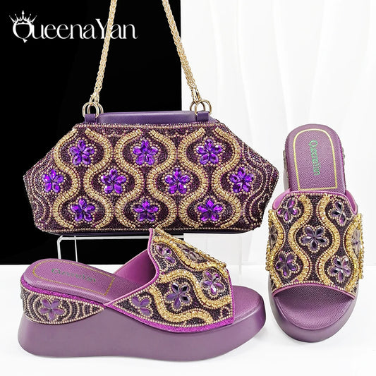 New Arrival Mature Style Platform Design Rhinestone Decoration Peep Toe Lady Shoes and Bag Set for Party Wedding