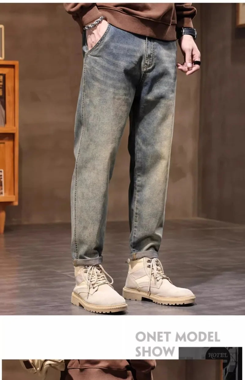 Calça Jeans Masculina Primavera Vintage Elástica Casual Longa Calça Reta Slim Algodão Poliéster Lavada para Adolescentes