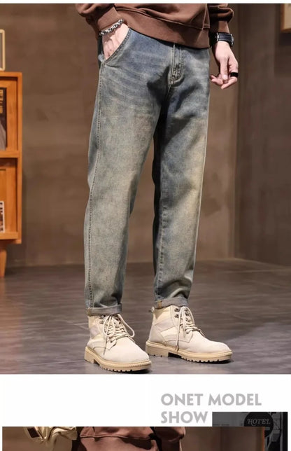 Calça Jeans Masculina Primavera Vintage Elástica Casual Longa Calça Reta Slim Algodão Poliéster Lavada para Adolescentes