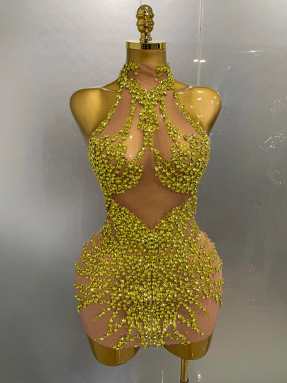 STOCK Sparkly Rhinestones Sexy Mesh See Through Dress Party Evening Prom Celebrate Birthday Dress Singer Dancer Show Stage Wear