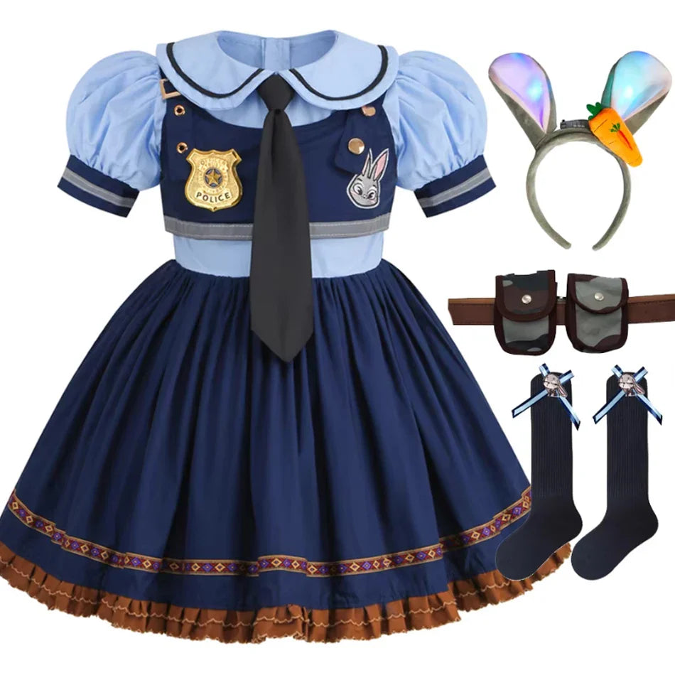 Judy Cosplay Costume Kids Carnival Party Dress Girls Tie Headdress Belt Socks Sets Police Role Play Movie Uniform Birthday Gift