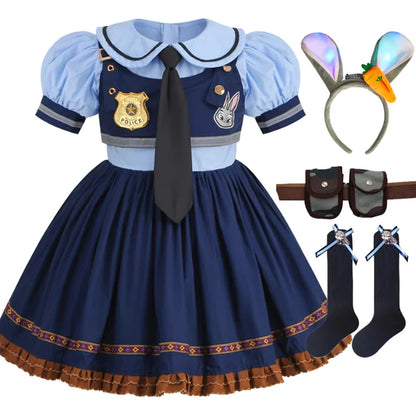 Judy Cosplay Costume Kids Carnival Party Dress Girls Tie Headdress Belt Socks Sets Police Role Play Movie Uniform Birthday Gift